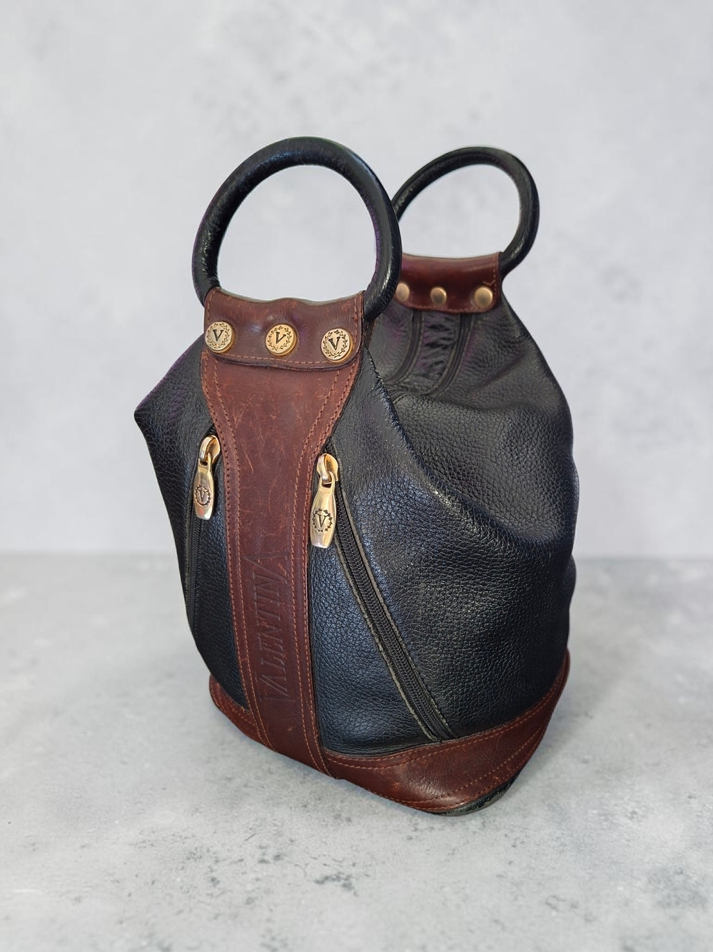 Valentina Italy Vintage Bi-Color pebbled leather  Bucket Handbag - Italian Purse
